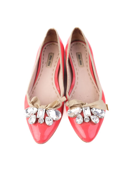 Excellent Miu Miu Pink Leather Ballet Flats Size 36.5 with Bow &amp; Crystals