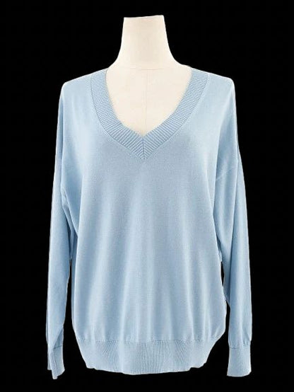 NEW Weekend MaxMara Light Blue Silk V-Neck Sweater Size L