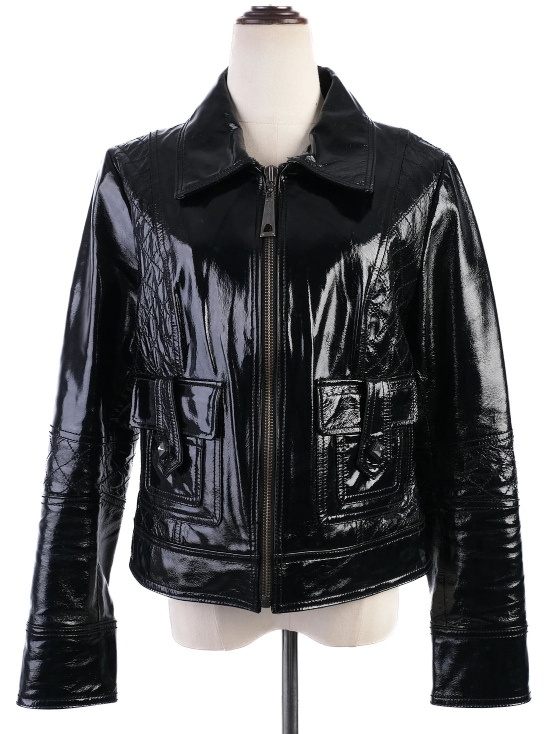 EXCELLENT Roccobarocco Black Leather Jacket Size L with Quilted Detailing