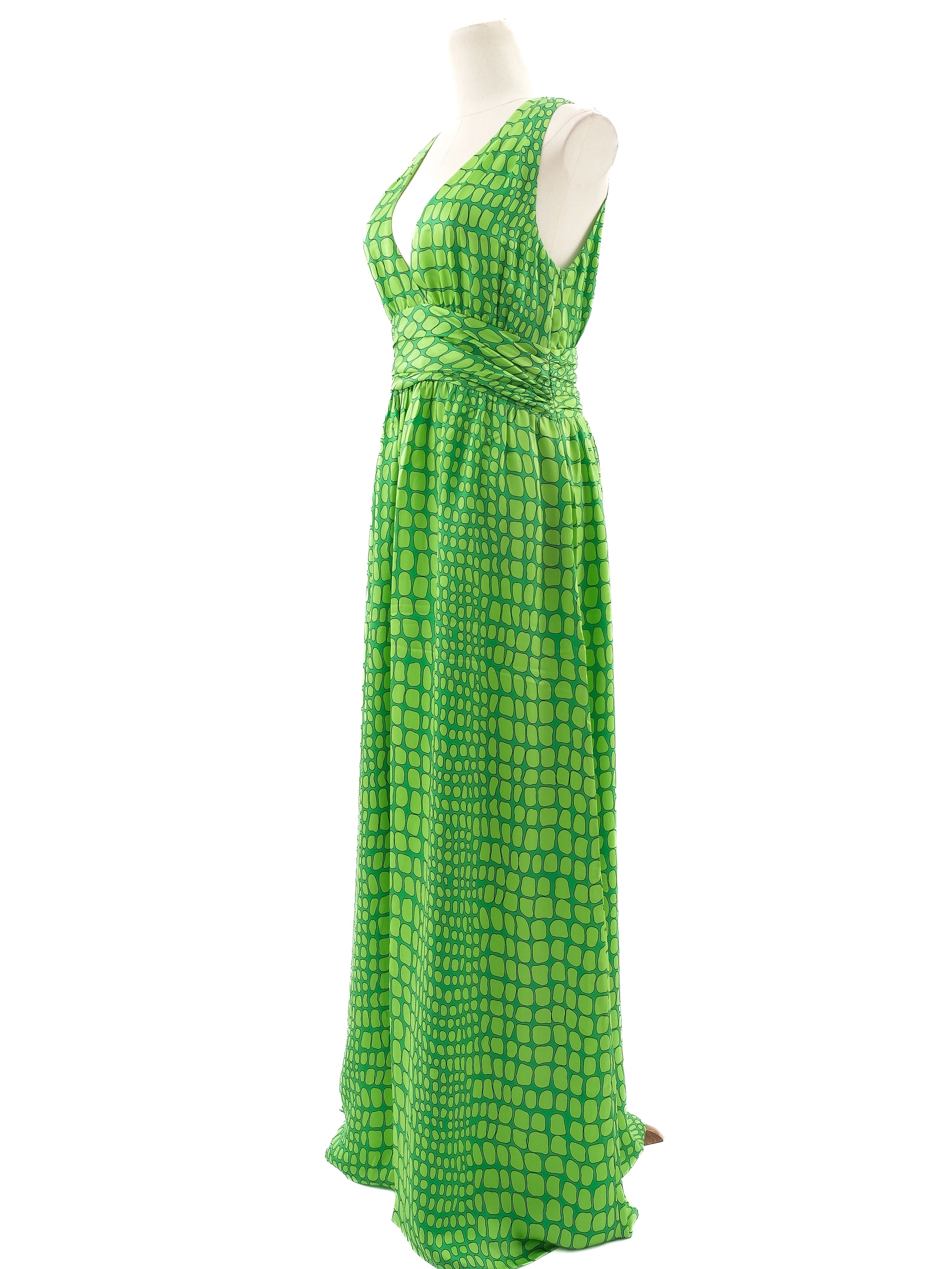 Excellent Moschino Green Silk Long Dress Size L V-Neck Geometric Pattern