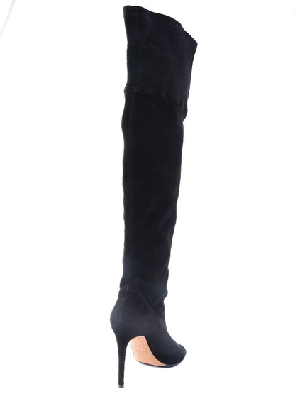 Excellent Black Leather Thigh-High Heels Boots Size 38.5 with Mesh Cutouts