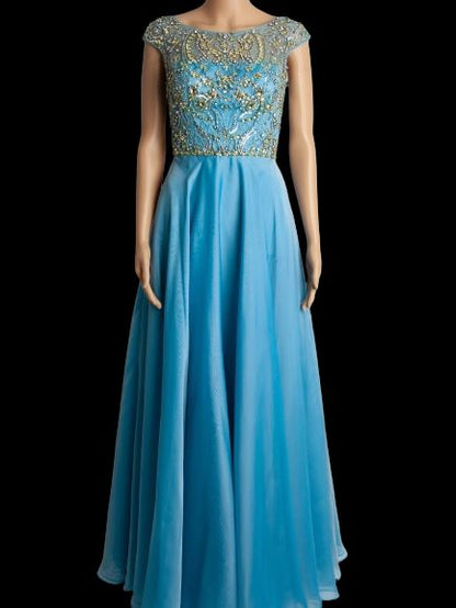 Good Sherri Hill Blue Gown XS Polyester with Beadwork &amp; Cap Sleeves