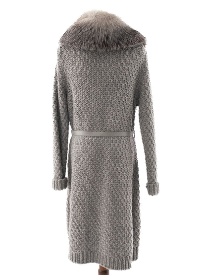 Loro Piana Gray Leather Knit Coat with Faux Fur Collar Size M