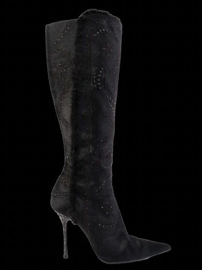 Excellent Lesilla Black Knee-High Stiletto Boots with Fur-Like Texture