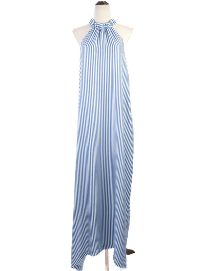 Excellent Paper London Blue Silk Striped Halter Neck Dress Size XXL