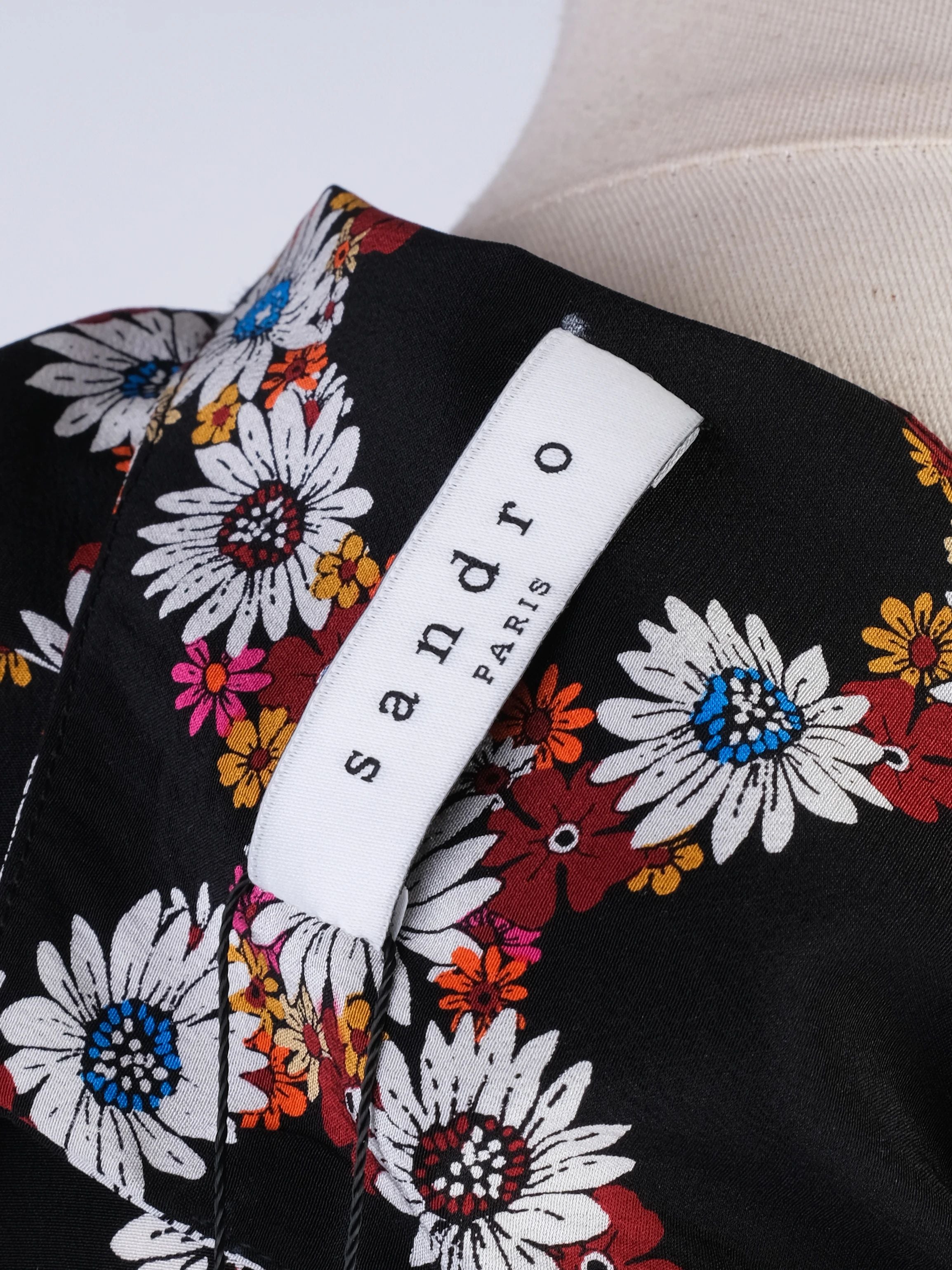 Excellent Sandro Black Silk Dress Size S Floral Pattern Long Sleeve