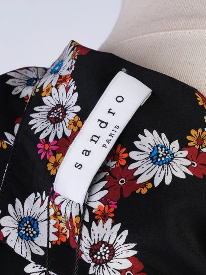 Excellent Sandro Black Silk Dress Size S Floral Pattern Long Sleeve