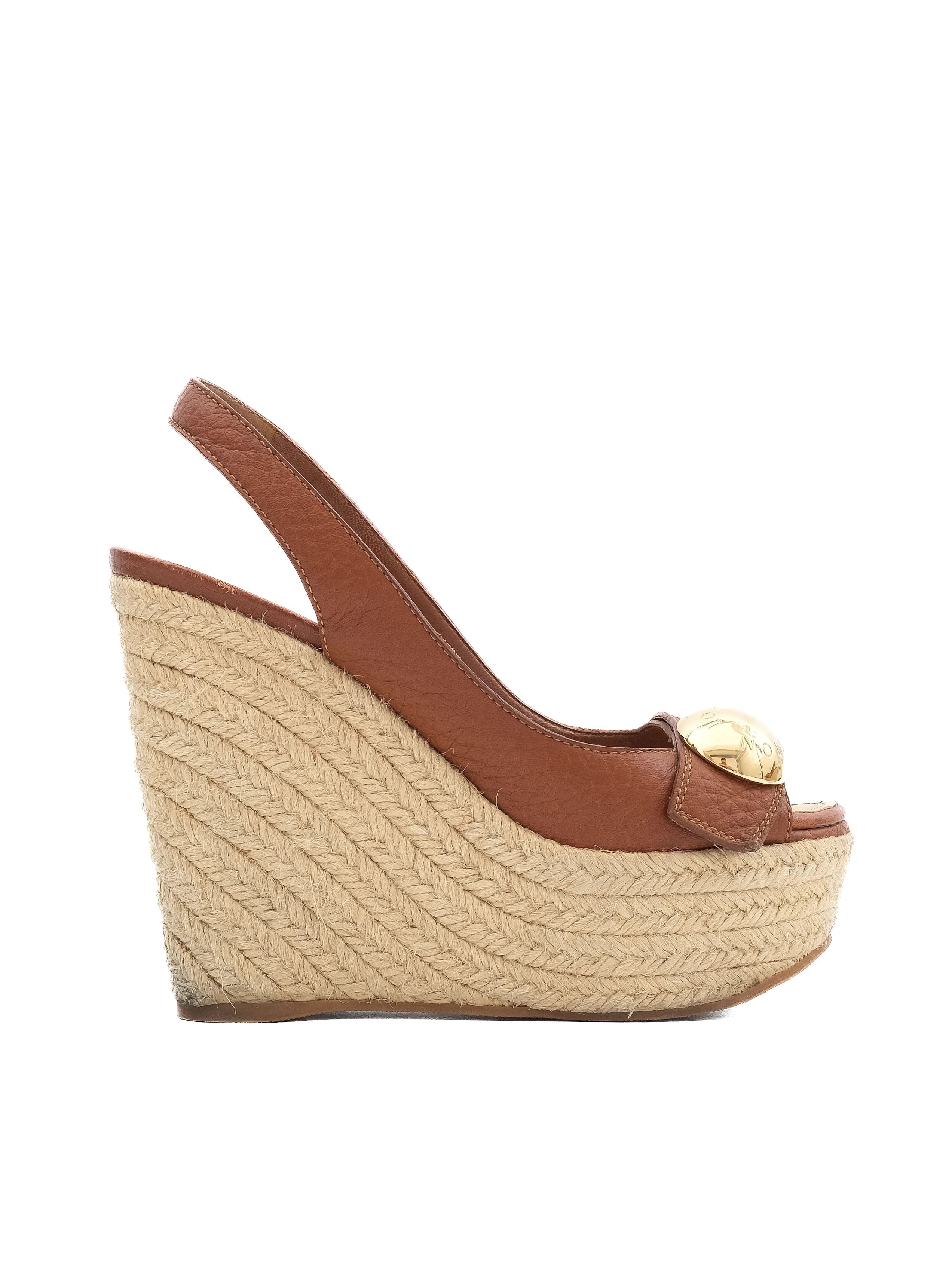 Excellent Louis Vuitton Orange Leather Wedge Sandals Size 36.5