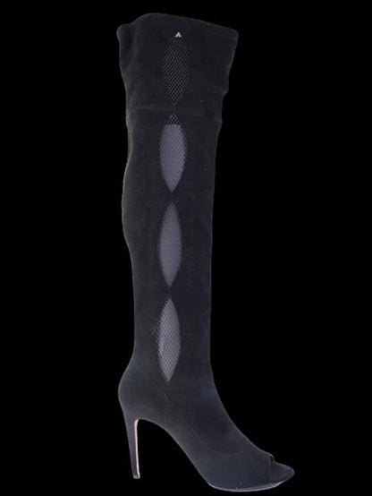 Excellent Black Leather Thigh-High Heels Boots Size 38.5 with Mesh Cutouts