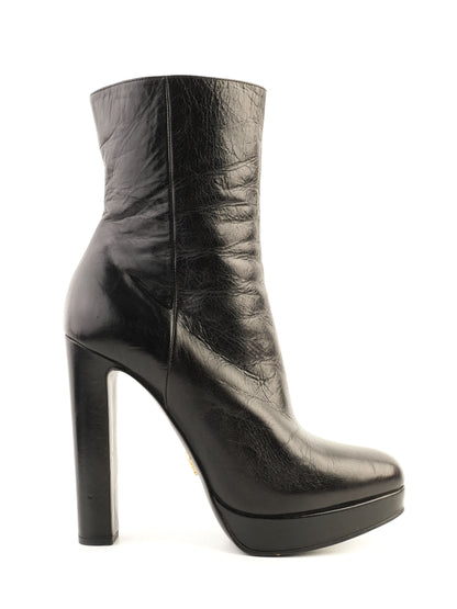 Excellent Prada Black Leather High-Heeled Ankle Boots Size 37