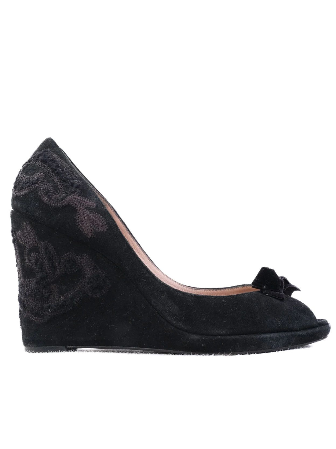 Excellent Oscar de la Renta Black Leather Wedge Heel Shoes Size 38