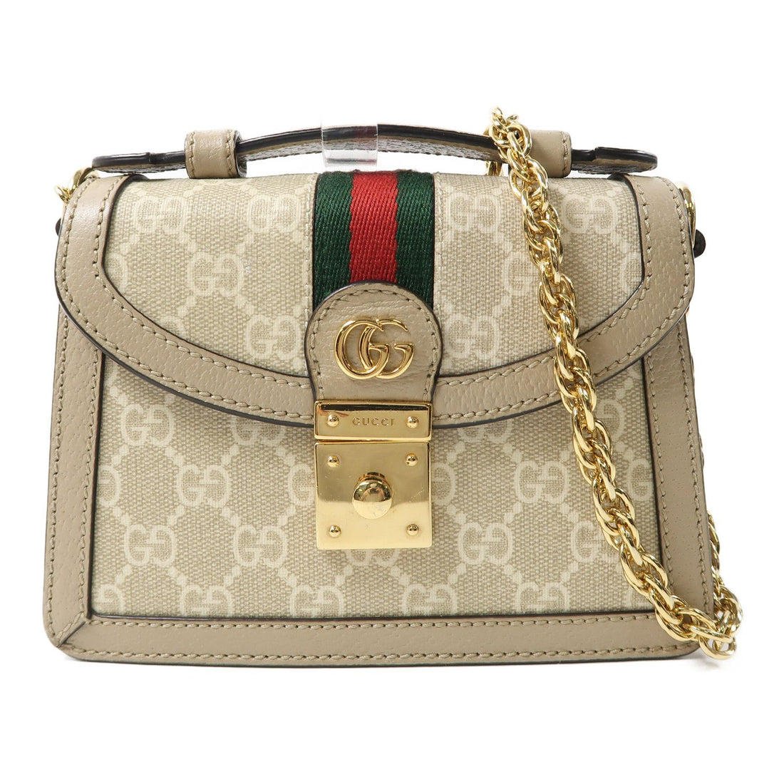 Gucci GG Supreme Monogram Textured Dollar Calfskin Web Mini Ophidia Padlock Top Handle Chain Shoulder Bag