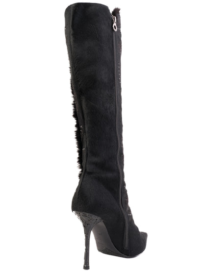 Excellent Lesilla Black Knee-High Stiletto Boots with Fur-Like Texture