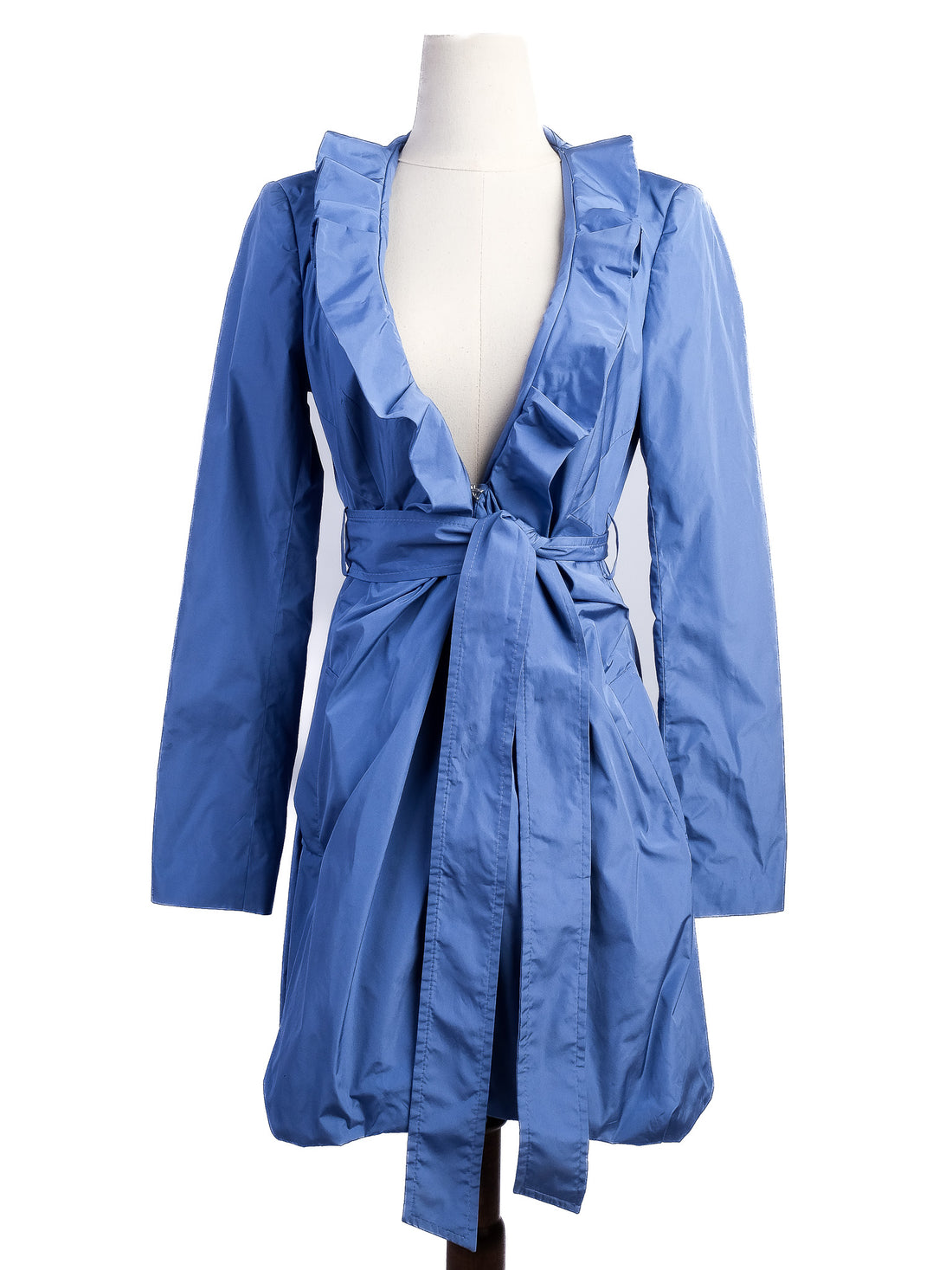 Excellent Pinko Blue Trench Coat Size M with Ruffled Collar