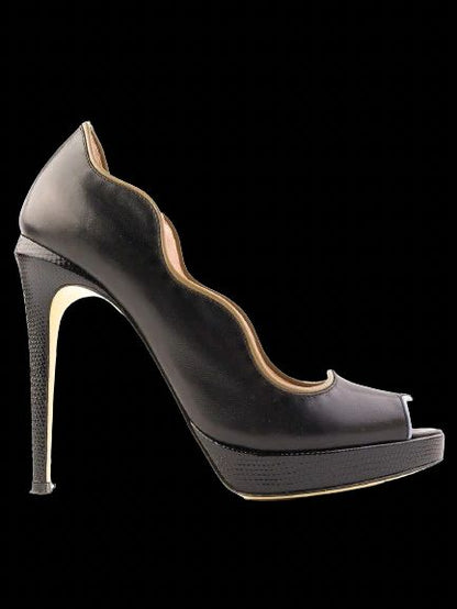 Fendi Black Leather High-Heeled Peep-Toe Shoes Size 37.5