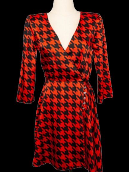 Good River Island Houndstooth Wrap Dress Red Polyester Women