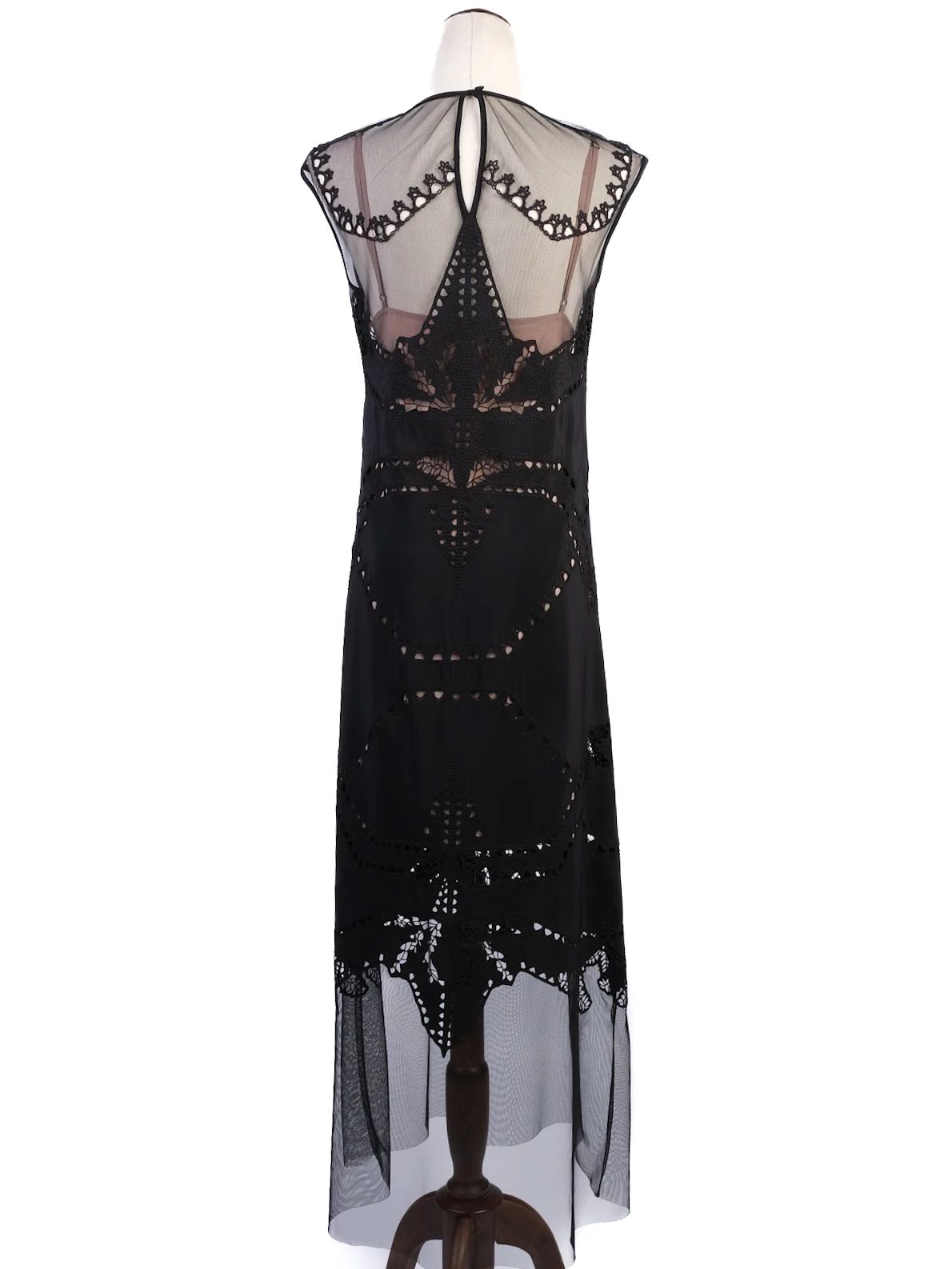 Excellent BCBGMaxazria Black Silk Dress XXS with Sheer Lace Overlay