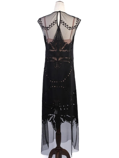 Excellent BCBGMaxazria Black Silk Dress XXS with Sheer Lace Overlay