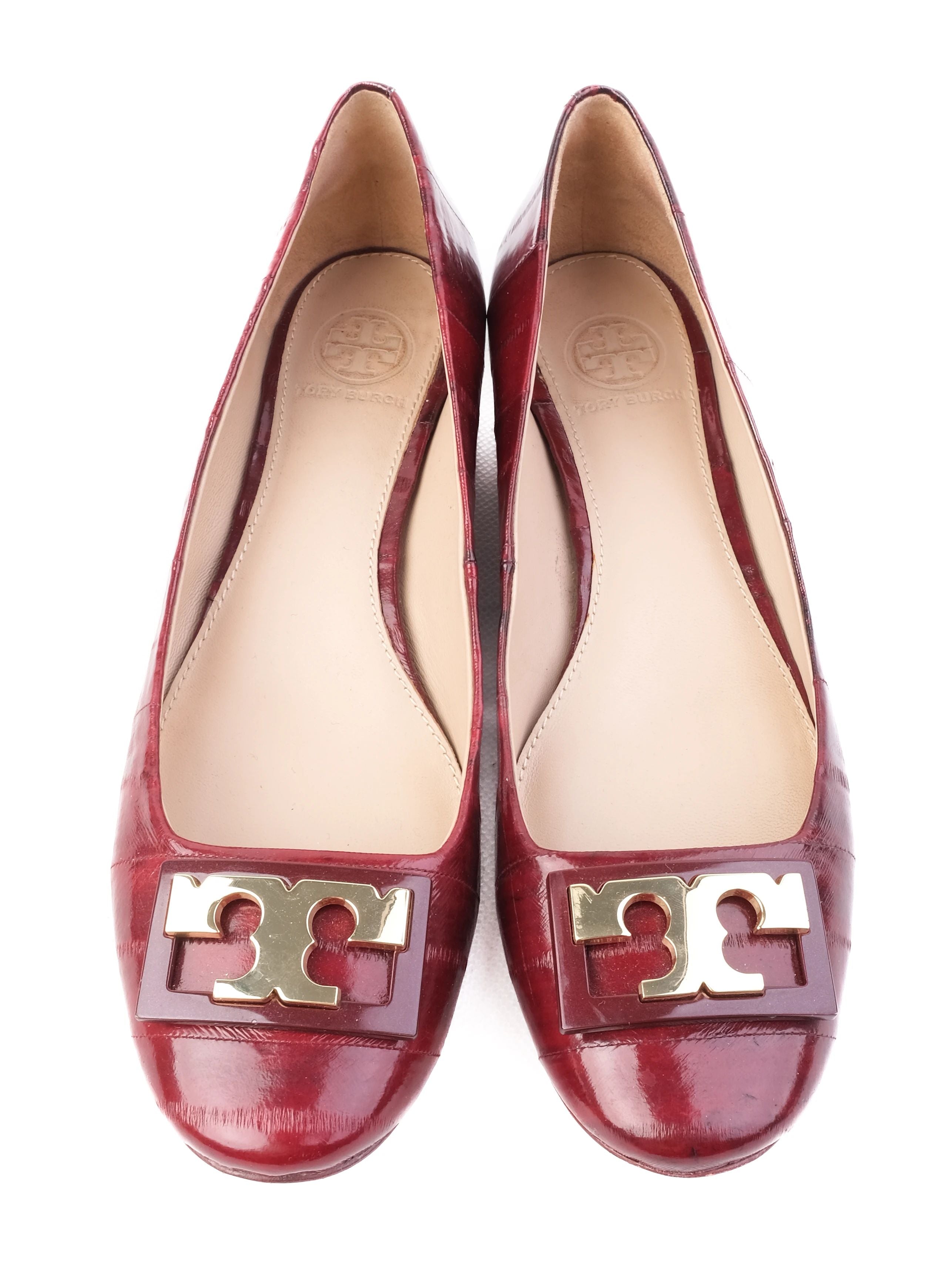 Excellent Tory Burch Red Leather Low Block Heel Shoes Size 37