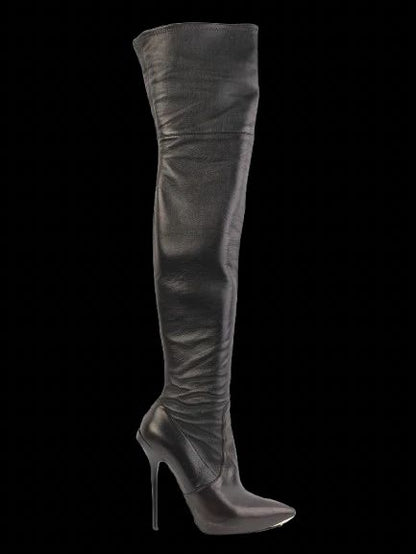 Gianmarco Lorenzi Black Leather Thigh-High Stiletto Boots Size 38