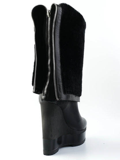 NEW Sergio Rossi Black Leather Wedge-Heeled Boots Size 38.5