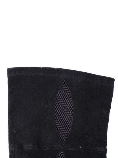 Excellent Black Leather Thigh-High Heels Boots Size 38.5 with Mesh Cutouts