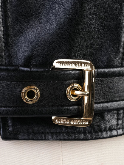 NEW Phillipp Plein Black Leather Vest M with Gold Chain Accents