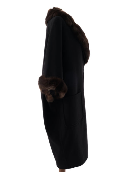 Perfect Loro Piana Black Cashmere Wool Coat with Fur Collar Size M