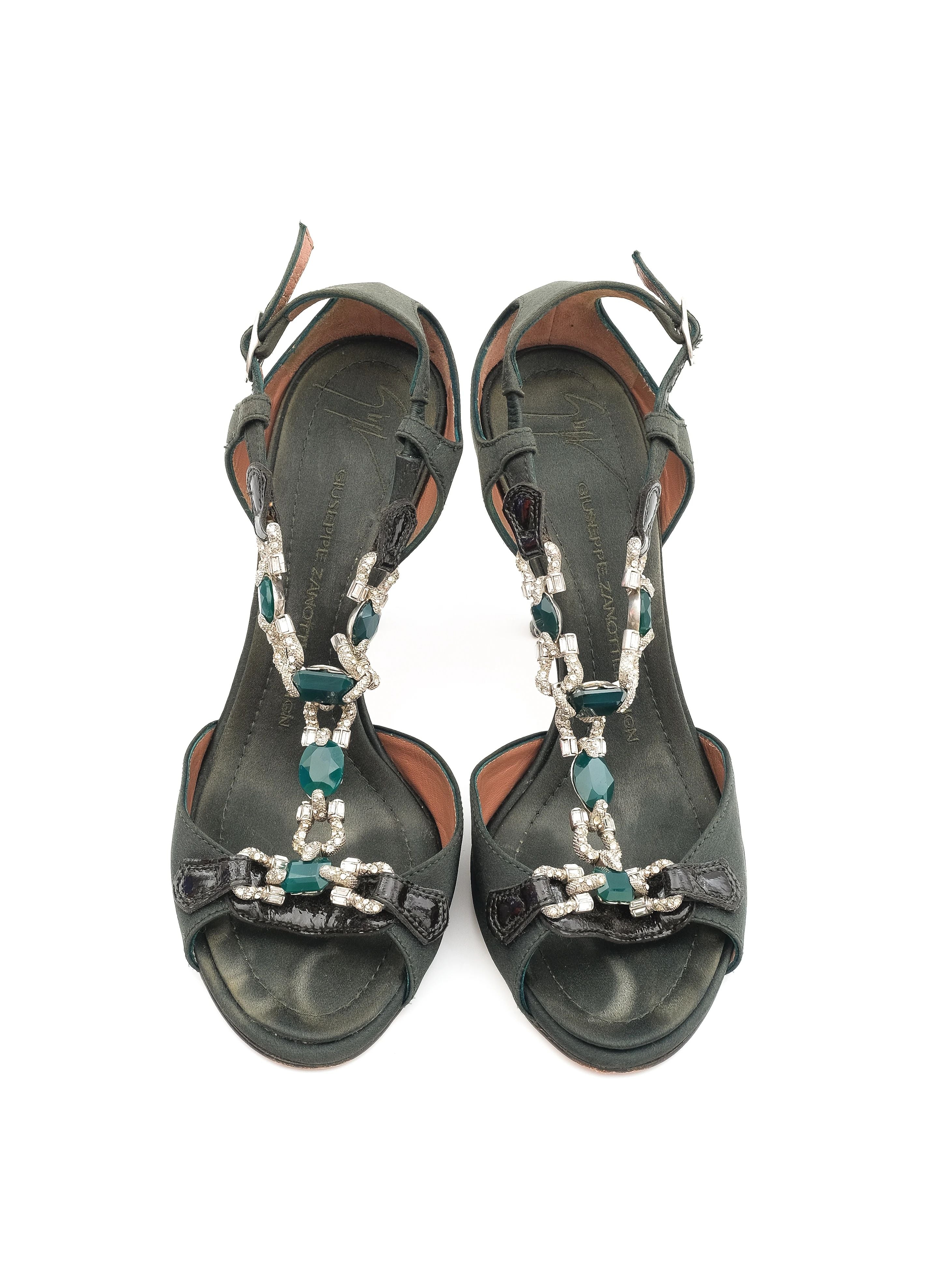 Giuseppe Zanotti Green Satin High-Heeled Sandals Size 37 Excellent