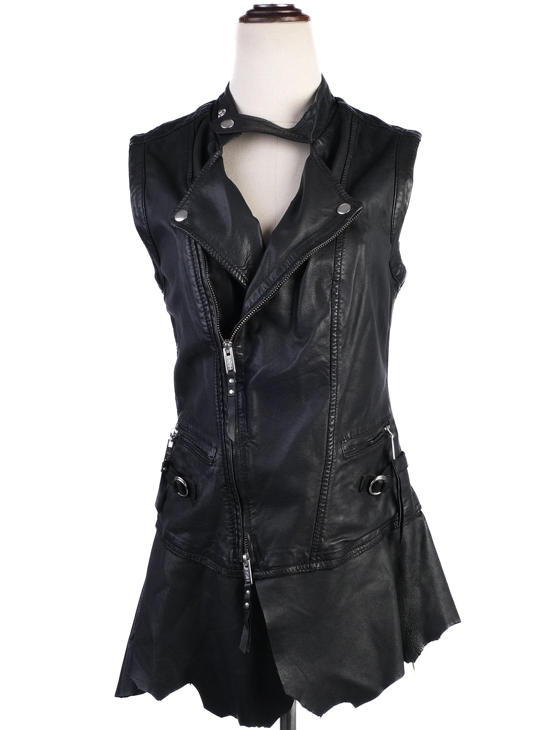 EXCELLENT High Black Leather Vest Size S Edgy Design with Zippered Pockets