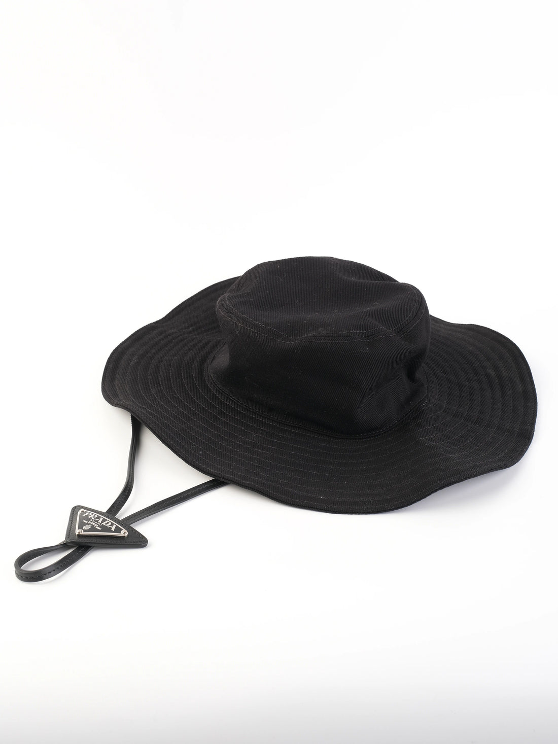 Excellent Prada Black Bucket Hat with Triangular Tag Strap Size M