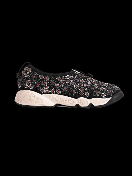 Excellent Dior Black Leather Floral Embroidery Sneakers Size 34