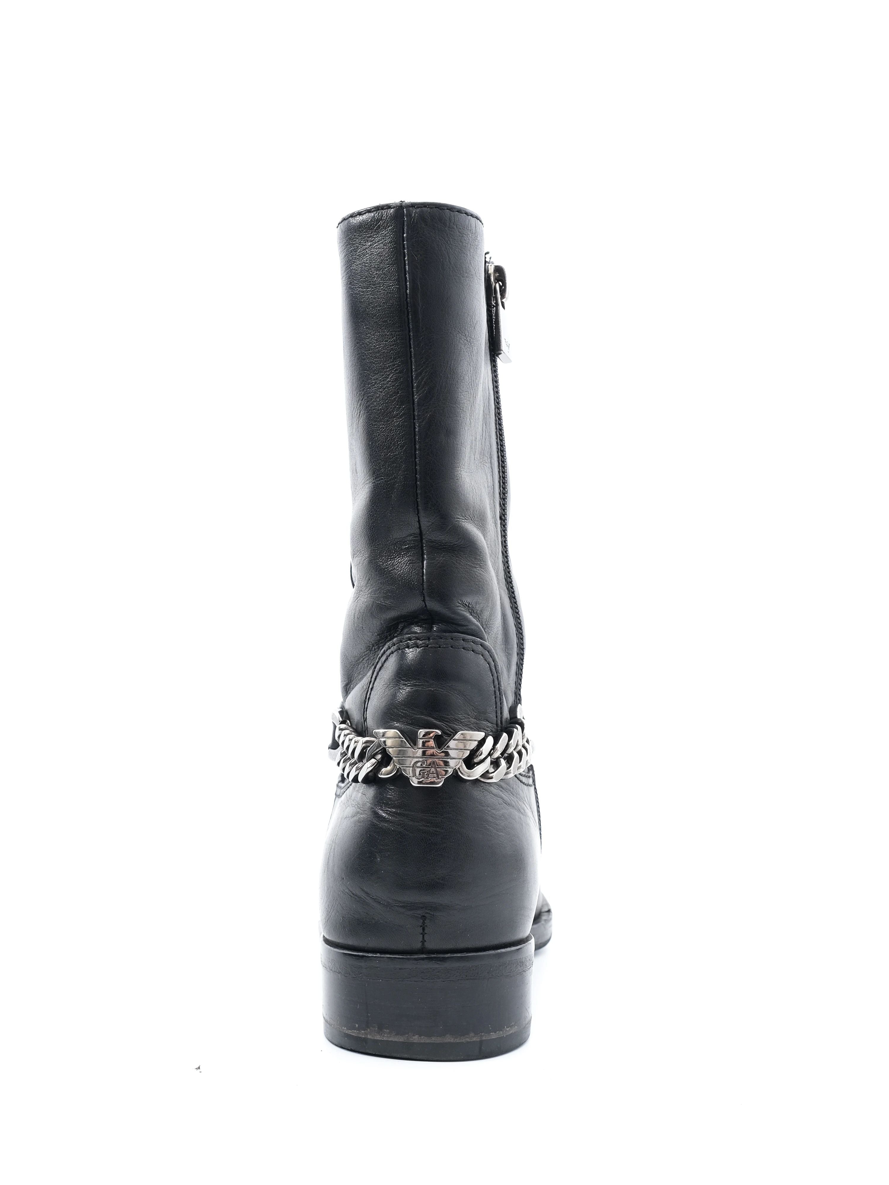 Excellent Emporio Armani Black Leather Boots with Chain Detail Size 40.5