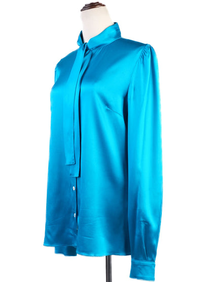 Excellent Dolce Gabbana Turquoise Silk Blouse Size L with Tie-Neck