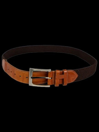 Good Hackett Brown Leather &amp; Fabric Belt with Silver Buckle
