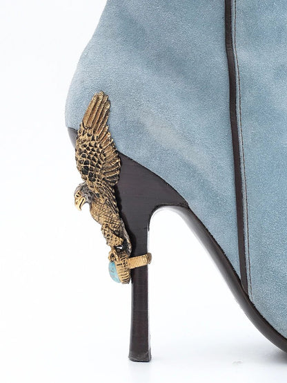 Excellent Vicini Blue Leather High-Heeled Boots with Eagle Design, Size 38