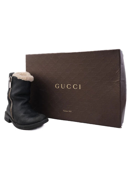 Excellent Gucci Black Leather Kids Boots Size 33 with Shearling Lining