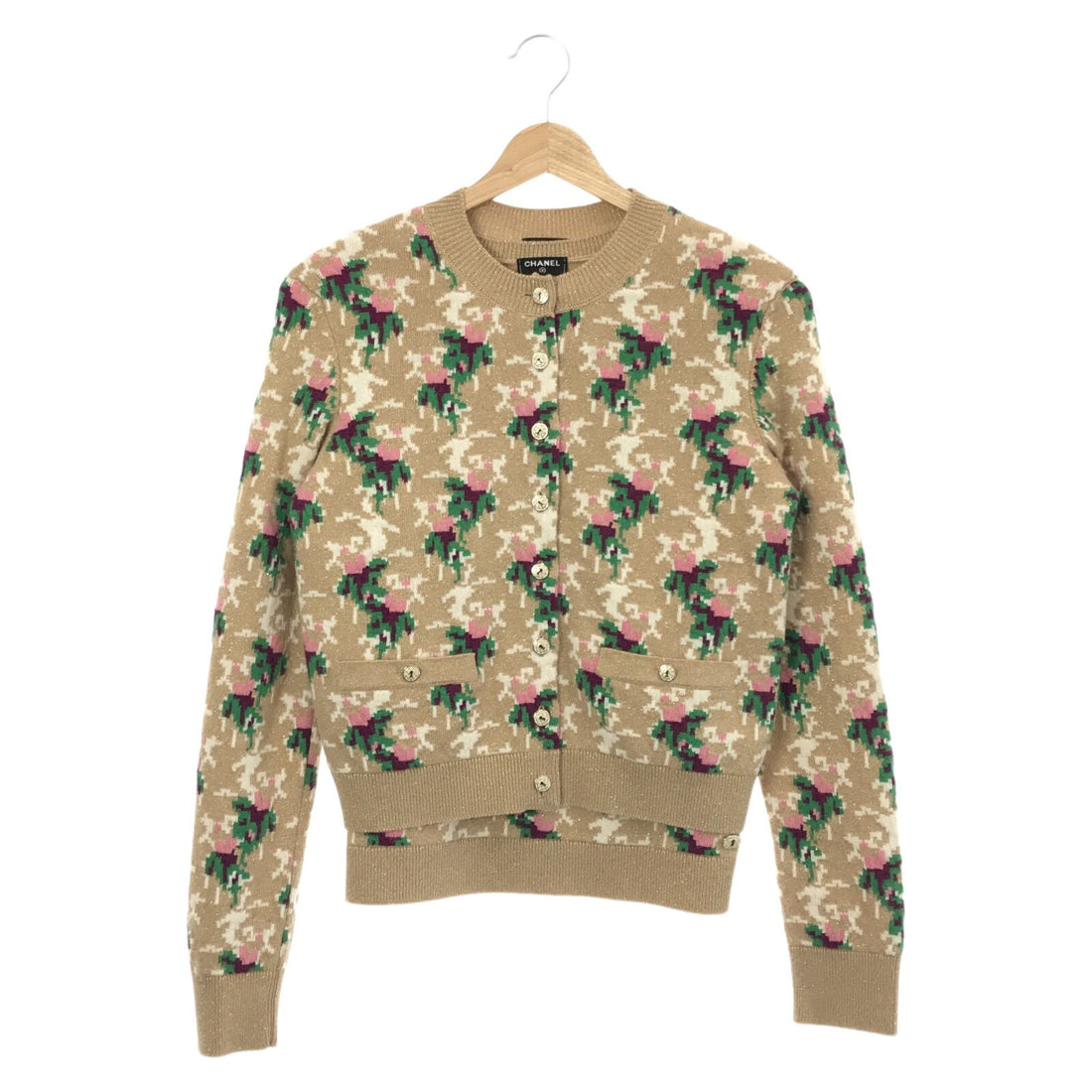 Chanel Floral Knit Cardigan Set Ensemble Brown Cashmere 36