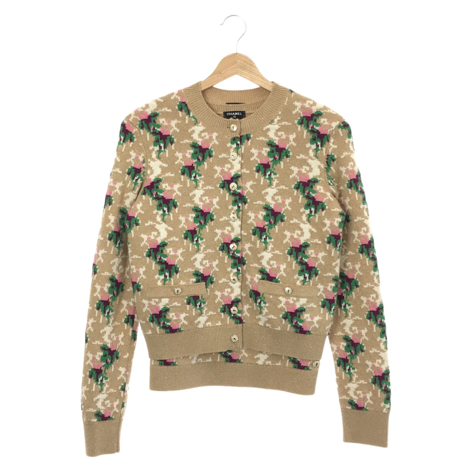 Chanel Floral Knit Cardigan Set Ensemble Brown Cashmere 36