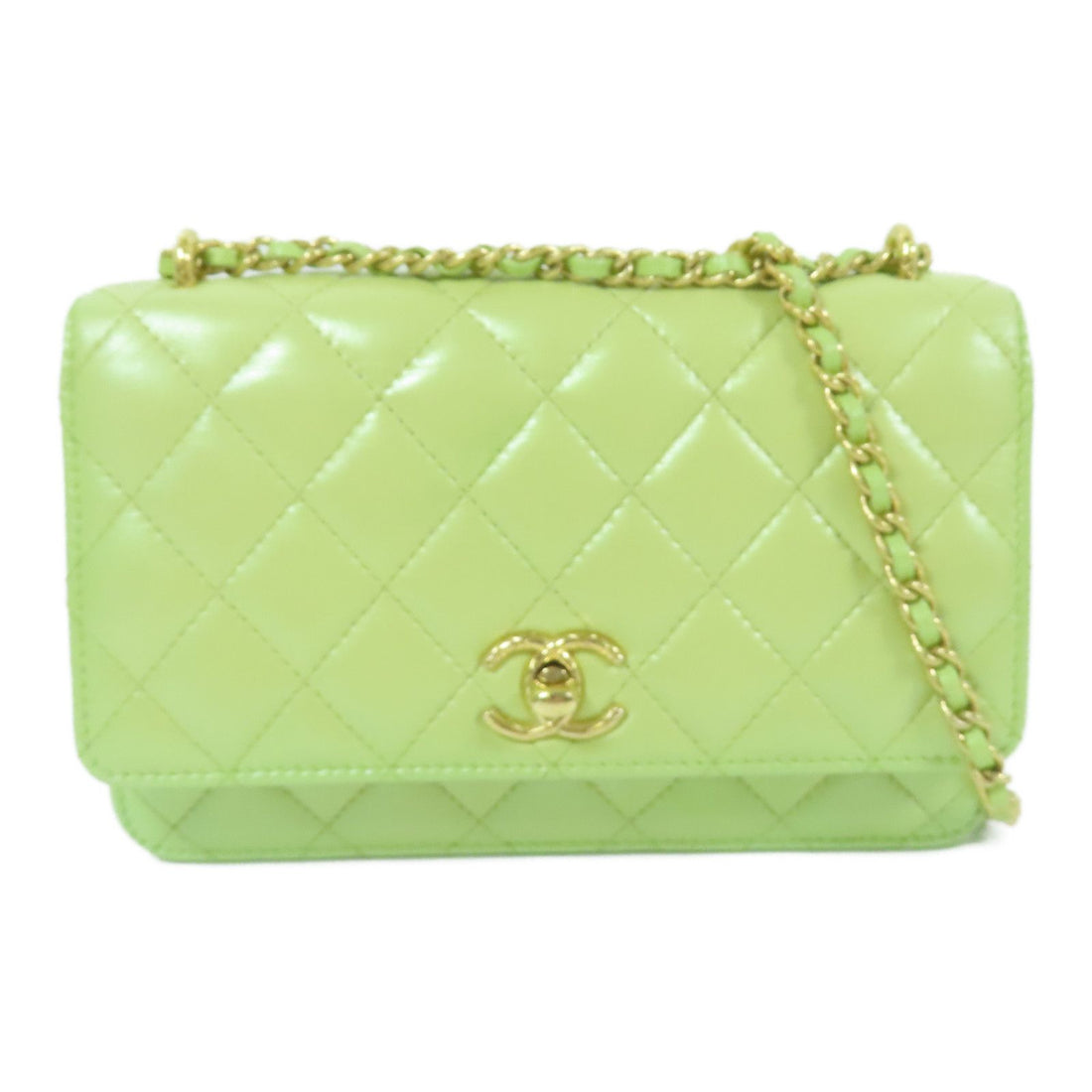 Chanel Green Cowhide Leather Woc Wallet On Chain Golden Cross Shoulder Back Bag Calfskin (cowhide) Ap 31