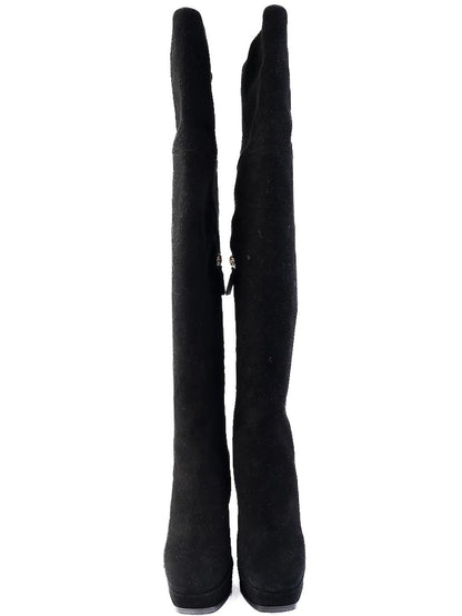 Perfect Ballin Black Leather Knee-High Platform Boots Size 35