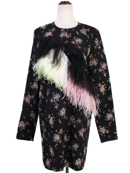 Excellent MSGM Black Floral Dress with Feather Embellishments Size XL