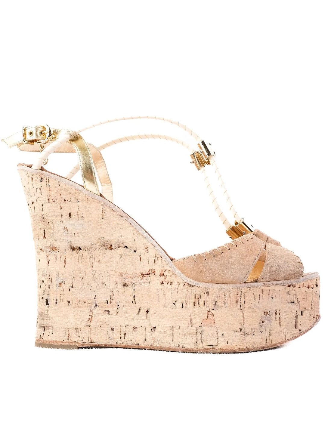 Excellent Fabi White Leather Cork Wedge Sandals Size 38 with Gold Accents