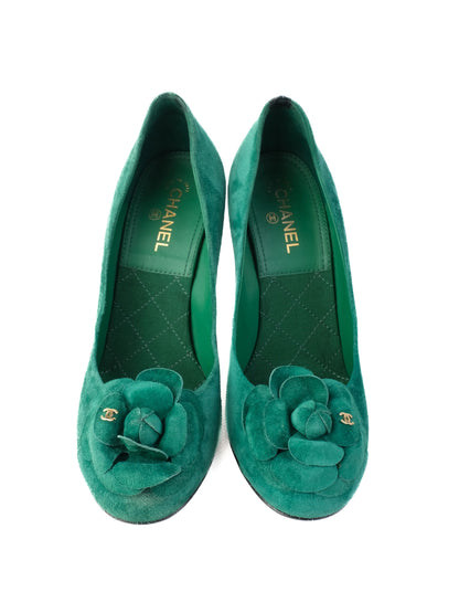 EXCELLENT Chanel Green Suede Leather High-Heeled Shoes Size 37
