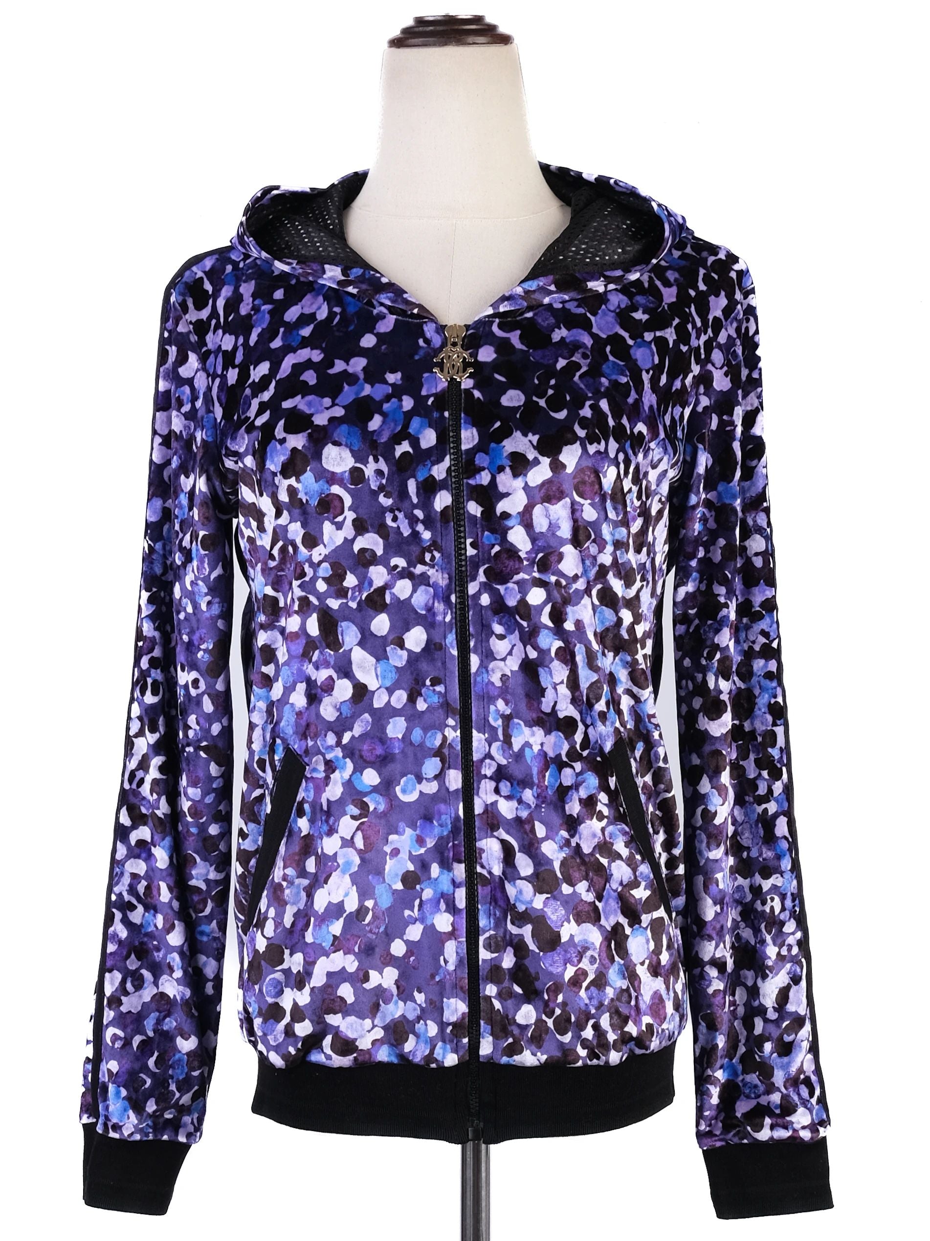 Excellent Roberto Cavalli Hooded Jacket Purple Black Size M
