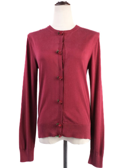 Excellent Dolce Gabbana Red Silk Cardigan Size M with Floral Buttons