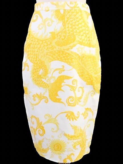 NEW By Malene Birger Yellow &amp; White Pencil Skirt XS Dragon Pattern