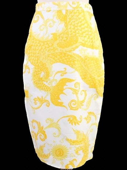 NEW By Malene Birger Yellow &amp; White Pencil Skirt XS Dragon Pattern