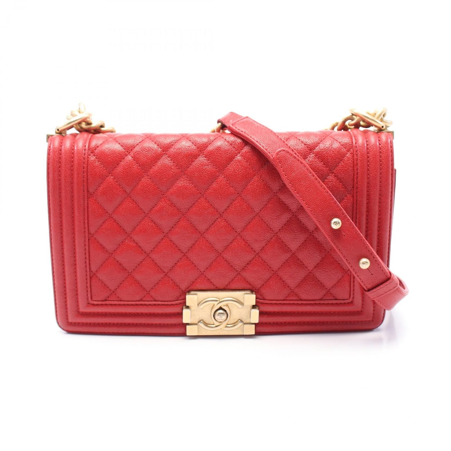 Chanel Red Boy Shoulder Bag Leather Caviar
