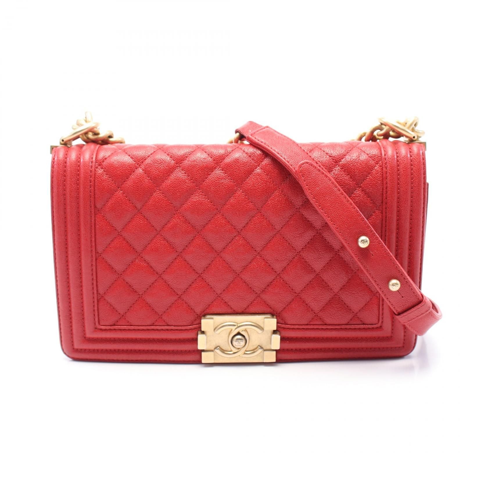 Chanel Red Boy Shoulder Bag Leather Caviar